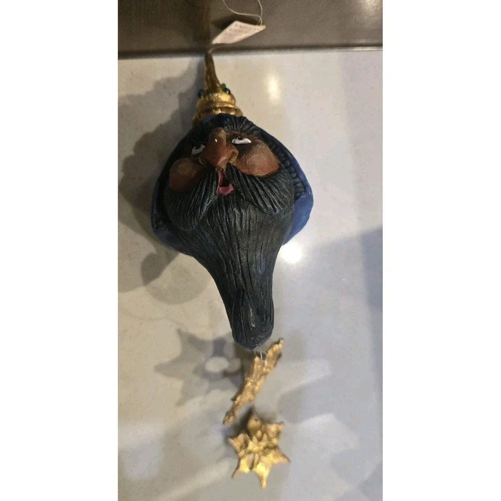 Hand Painted Wise Man Christmas Ornament Gold Crown Blue Hooded Beard Gold Stars